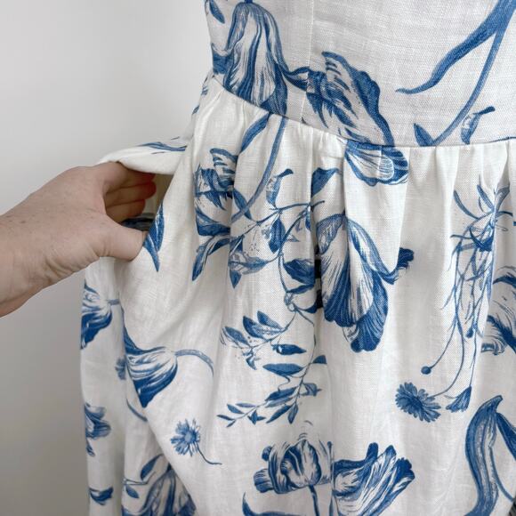 Reformation Frieda Linen Midi Dress Size 4 Blue White Floral Trad Wife Cottage - Picture 9 of 16